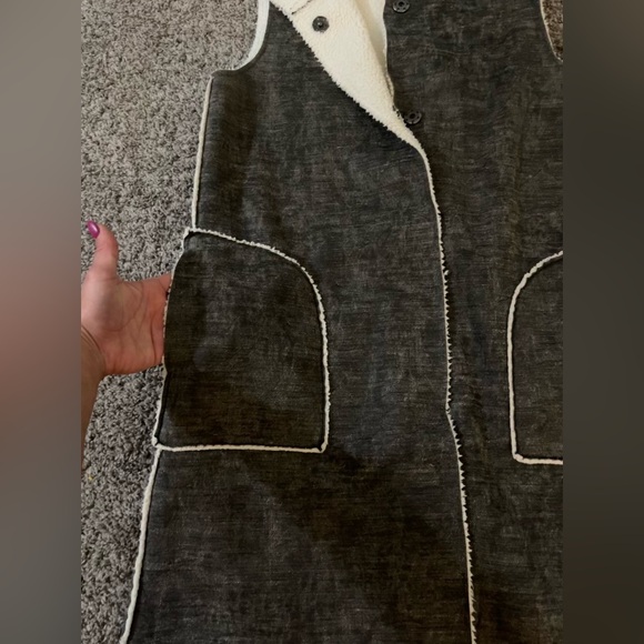 Dylan Los Angeles faux fur shearling lined long vest with pockets in dark grey. - Picture 7 of 16